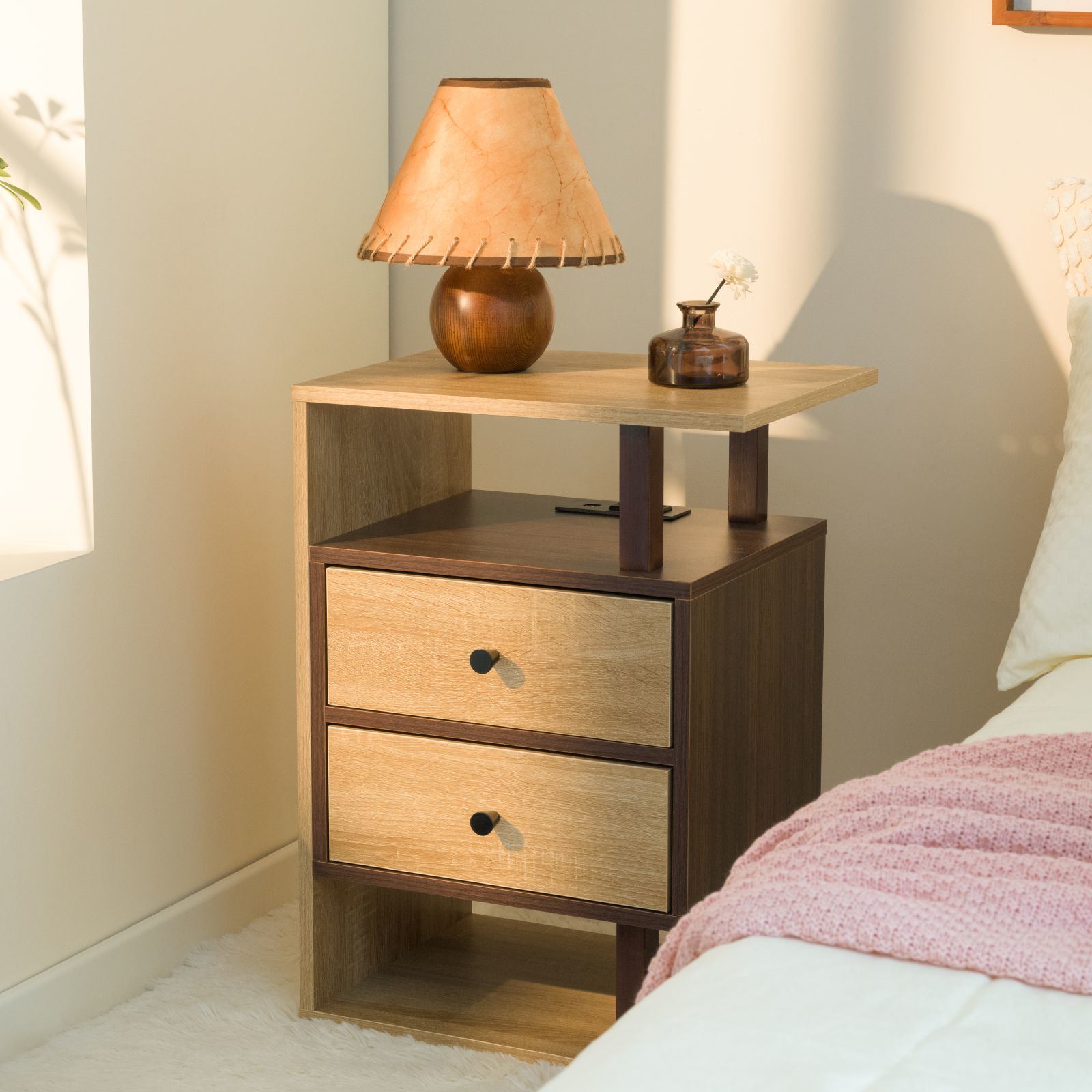 Nightstand with Charging Station - Bed Side Table with 2 Drawers, USB Ports & Outlets